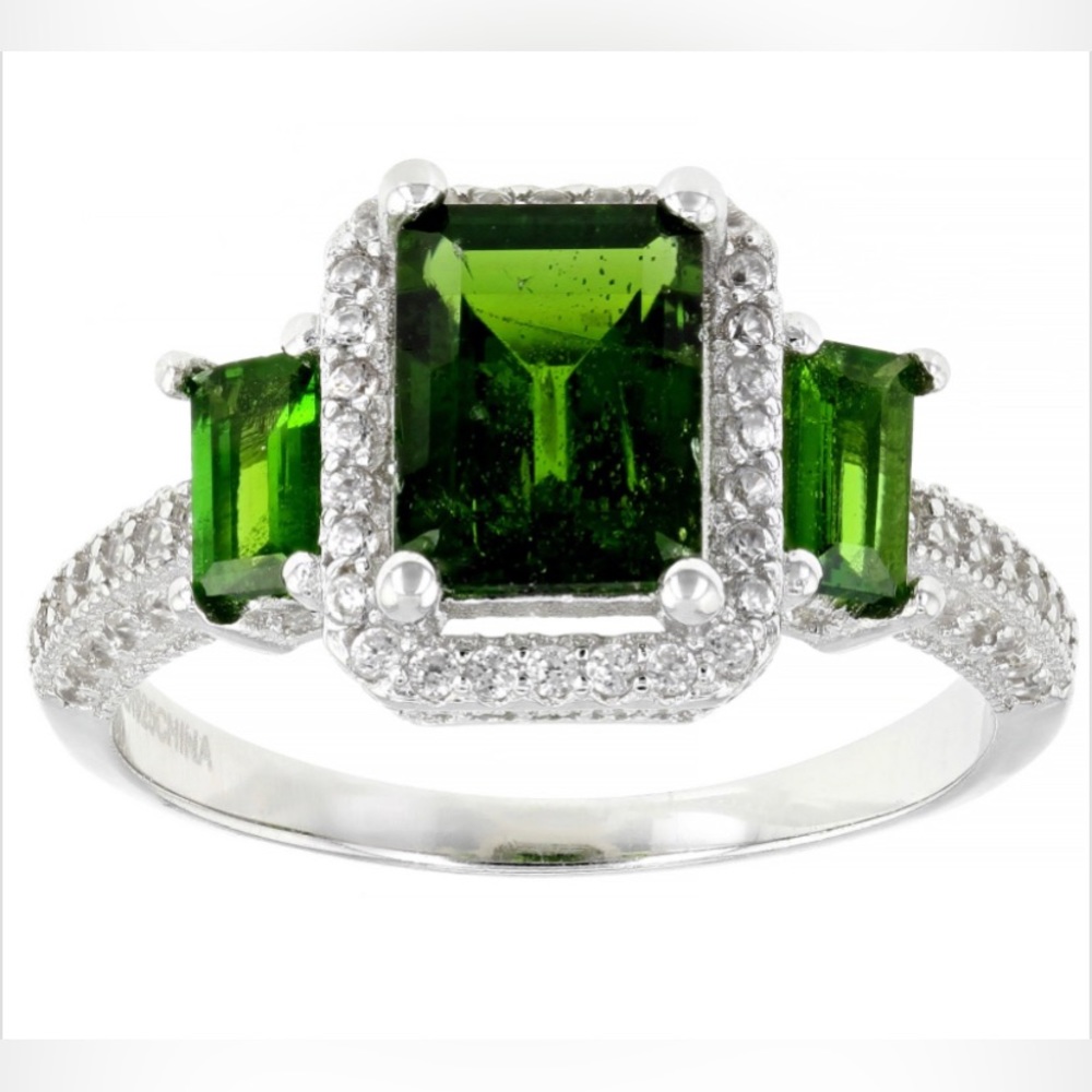 Green Chrome Diopside, White Zircon, Rhodium/Sterling Silver Ring